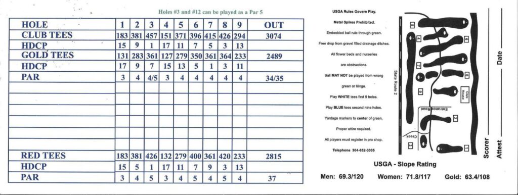 Sistersville Country Club scorecard front 9