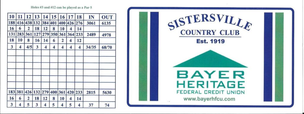 Sistersville Country Club scorecard back 9